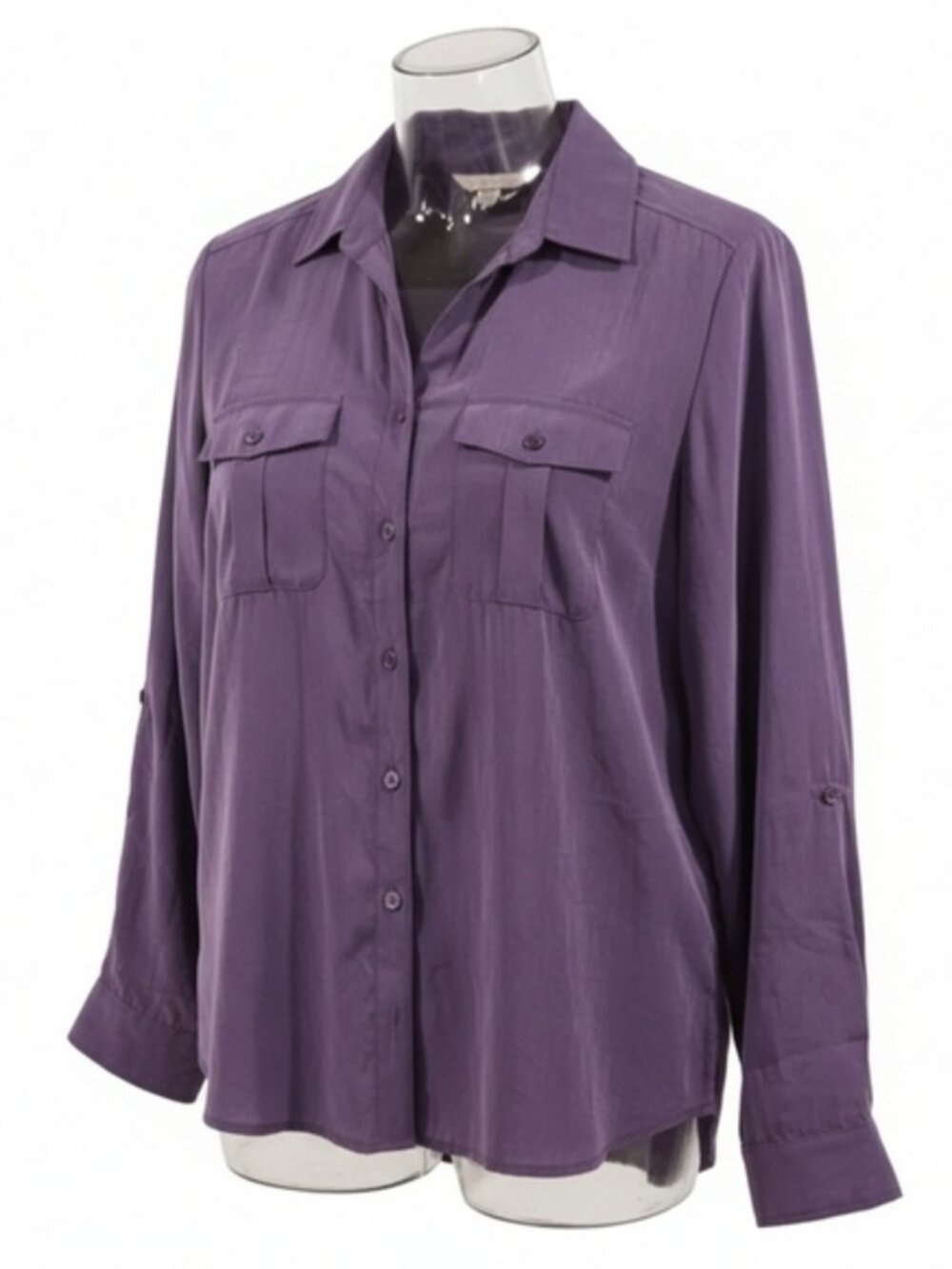 Chico's SZ 1/Med. Vibrant Purple Button Up Blouse Roll Tab Sleeves Chest Pockets